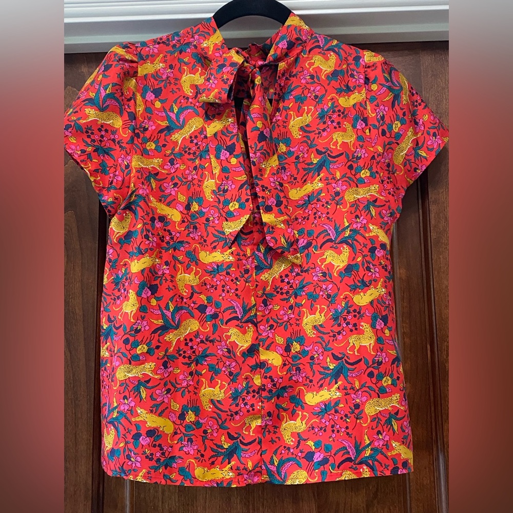 J. Crew Collection Silk Bow Back Blouse in Bright Pink Jungle Print Sz 6 2019